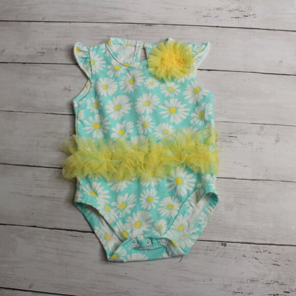 Baby Essentials Baby Girl's Romper Size 9 Months Aqua Blue Yellow Daisies - Picture 1 of 6